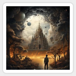 Mystical Sanctuary: Enigmatic Cathedral Amidst Celestial Orbs and Golden Forests Sticker